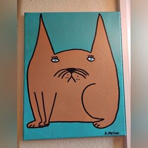 funny cat acrylic painting folk art wall decor brown green 11x14 inches